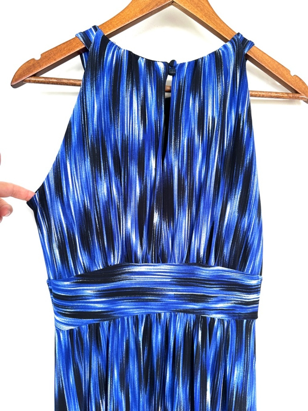 Saks Fifth Avenue “Black” Blue & Black Striped Halter Dress, Maxi, Stretch Knit - Picture 7 of 13